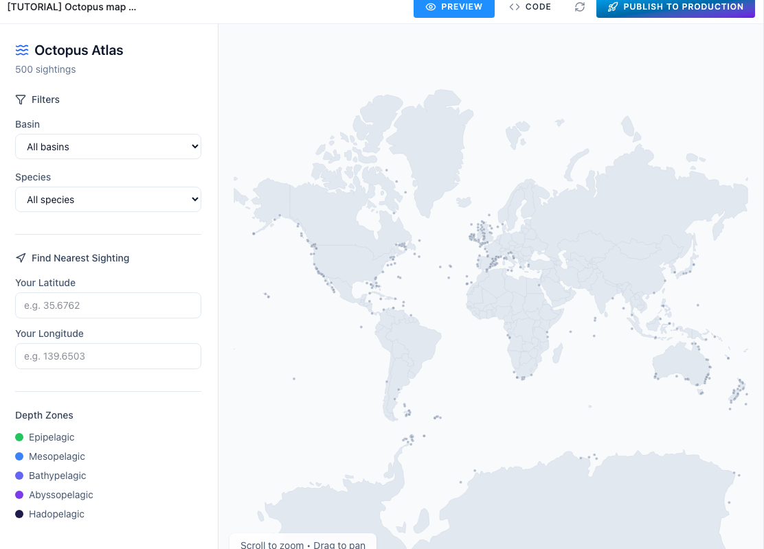 The finished app — a world map of every sighting, with filters and a nearest-octopus search